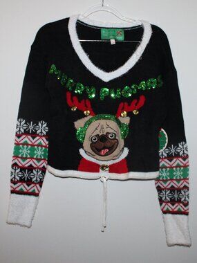 Merry Pugmas Shirt Christmas Pug Sweater with Bells Sz S Knit NWT Novelty Top